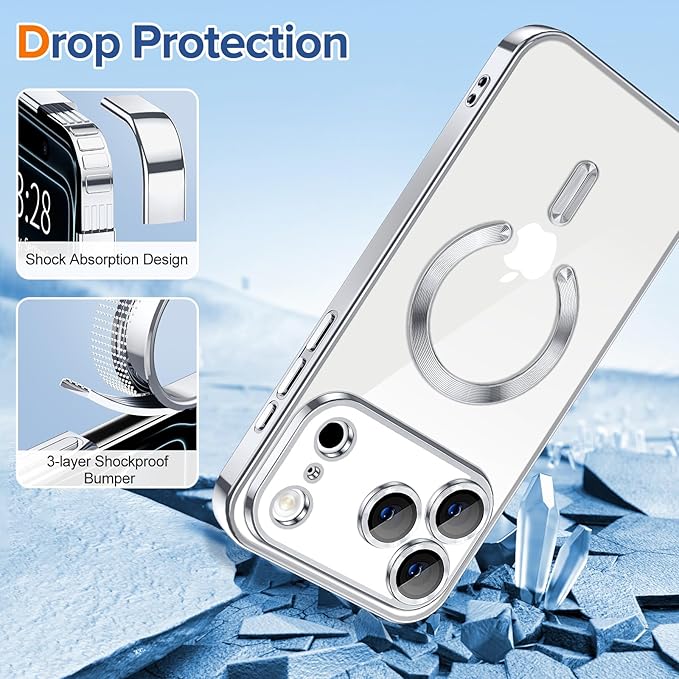 Hython Magnetic Clear for iPhone 17 Pro Max Case with Camera Lens Protector [Compatible with MagSafe] Plating Edge Slim Soft TPU Cover Protective Phone Case for iPhone 17 Pro Max 6.9", Silver
