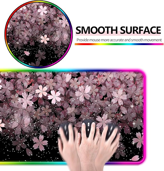 RGB Japanese Cherry Blossom Gaming Desk Mat, Computer Keyboard Large Extended Flowers LED Mouse Pad for Office and Home, 31.5×11.8 Inches, XL, Black