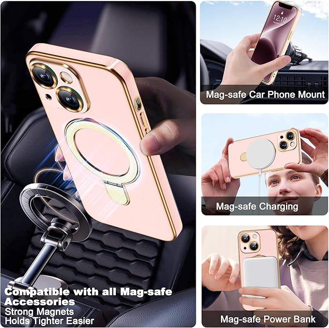 Compatible with iPhone 14 Plus Case with Magnetic Ring Stand [Compatible with Mag-Safe] [Full Camera Lens Protector] Soft Plating Phone Case for iPhone 14 Plus 6.7", Solid Pink