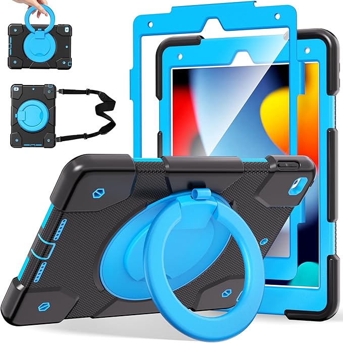 Andnary Case for iPad 9th/8th/7th Generation 10.2 inch, Shockproof Cover with Screen Protector/360° Rotate Stand/Pencil Holder/Shoulder Strap, Kids Case for iPad 2021/2020/2019 (Black+Blue)