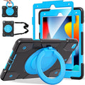 Andnary Case for iPad 9th/8th/7th Generation 10.2 inch, Shockproof Cover with Screen Protector/360° Rotate Stand/Pencil Holder/Shoulder Strap, Kids Case for iPad 2021/2020/2019 (Black+Blue)