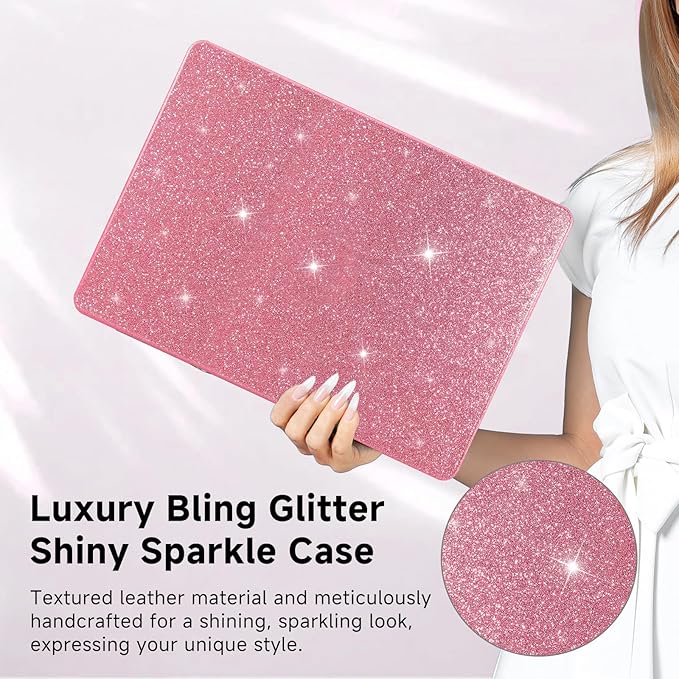 Funut Glitter Case for MacBook Air 13 Inch 2022 2021 2018 Release M1 A2337 A2179 A1932, MacBook Air 2020 Case, Women Girls Shiny Sparkle Bling PU Leather Hard Shell Cover & Keyboard Cover, Pink