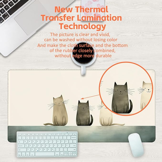 Desk Pad, Three Smiling Cartoon Cats Desk Mat, Large Gaming Mouse Pad, 31.5"x15.7" Extended Big Computer Keyboard Mouse Pad with Non-Slip Base and Stitched Edge