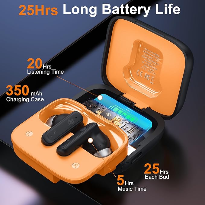 THREE PEACHES Wireless Earbuds Bluetooth 5.4 Headphones, Touch Screen, Call ENC Noise Cancelling, USB Charging Case for iPhone/Android, Black