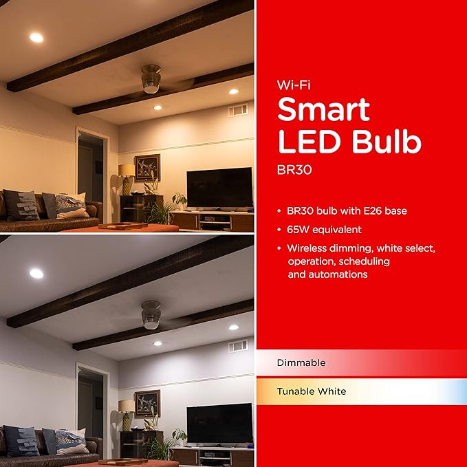 UltraPro Wi-Fi LED Smart Light Bulb, BR30, 65W Equivalent, White Select Tunable 2700K - 6500K, Full-Range Dimmability, 2.4GHz Router Required, Circadian Rhythm, Easy-to-Use App, 4 Pack, 51457