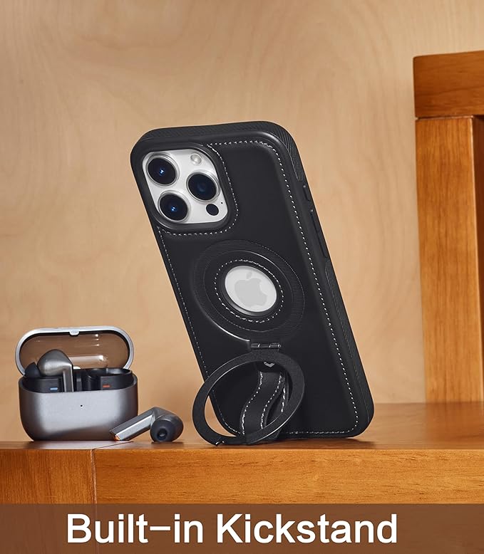 Butaiga for iPhone 12 Pro Max Leather Case with Stand, Anti-Slip Grip Ring, Fits for MagSafe (Black, iPhone 12 Pro Max)