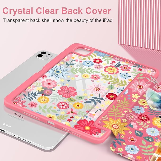 Case for iPad Pro 13 inch (M5) 2025 (M4) 2024 Release Slim Lightweight Cute Hot Pink Cover with Clear Back TPU Edge Pencil Holder Trifold Stand, Giraffe