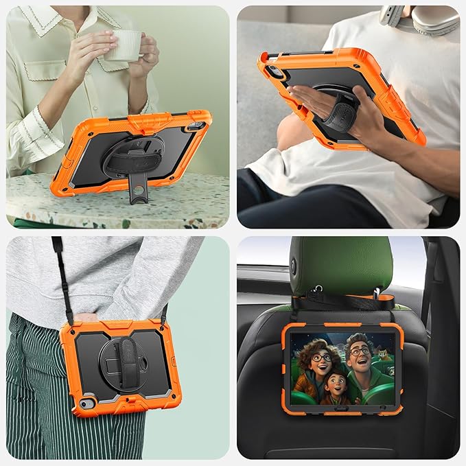 SEYMAC Case for iPad (A16) 11th/10th Generation 2025/2022 (11″/10.9″), Sturdy Heavy Duty Full-Body Shockproof Protective Case with Screen Protector, Rotating Stand, Hand/Shoulder Strap, Black/Orange