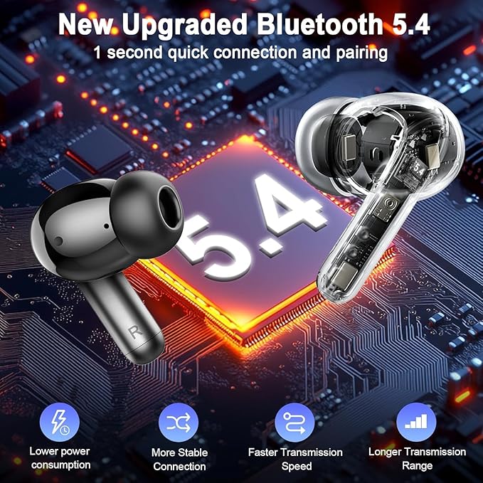 Wireless Earbuds, Bluetooth 5.4 Headphones 3D Bass Hi-Fi Stereo Ear Buds, 4 ENC Noise Cancelling Mic, 40Hrs USB-C in-Ear Earphones, IP7 Waterproof Workout Sport for Laptop Pad Android iOS, Black