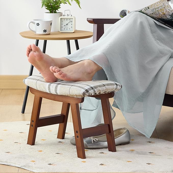 Foot Stool,Under Desk Foot Rest Ottoman, Washable Stool for Office, Living Room, Bedroom (Brown Legs-Stripes Stool Seat)
