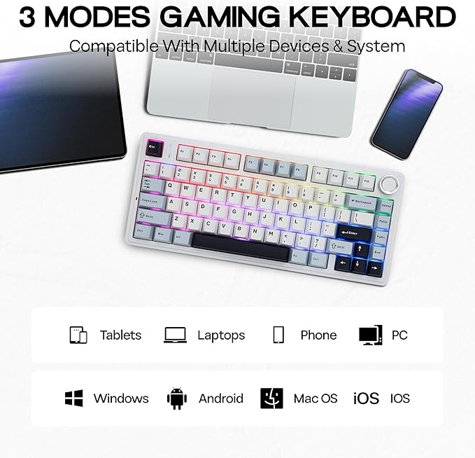 MechLands Aula F75 PRO 75% Wireless Gaming Keyboard, Gasket Mechanical Custom Keyboard with Five-Layer Padding, BT/2.4GHz/USB-C, Hot Swappable, Knob, RGB, Reaper Switches (White Blue)