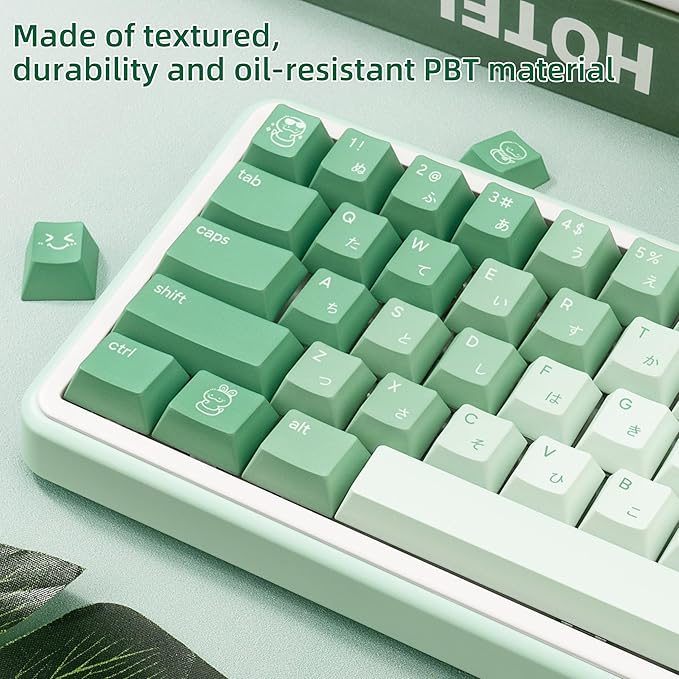 134 Keys Gradient Green PBT Keycaps - 5-Side Dye-Sublimation Cute Snake Elements, Japanese Root Characters, Cherry Profile Keycaps Set for Mechanical Keyboard (60/65/75/80/100 Layouts)