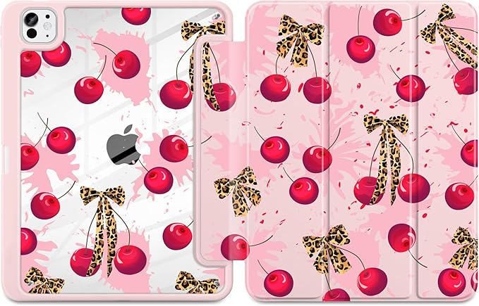 Case for iPad Pro 13 Inch (M5 2025 M4 2024) – [Built-in Pencil Holder], Shockproof & Stylish, Clear Hard Back + Soft TPU Edge, Magnetic Trifold Stand, Auto Wake/Sleep, Cherry & Leopard