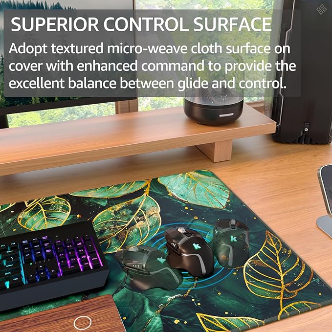 KTRIO Large Gaming Mouse Pad Desk Mat, Superior Micro-Weave Cloth, Non-Slip Rubber Base, Stitched Edges, Water-Resistant, for Gamer, Office & Home, 31.5 x 15.7 Inch，Green Leaves