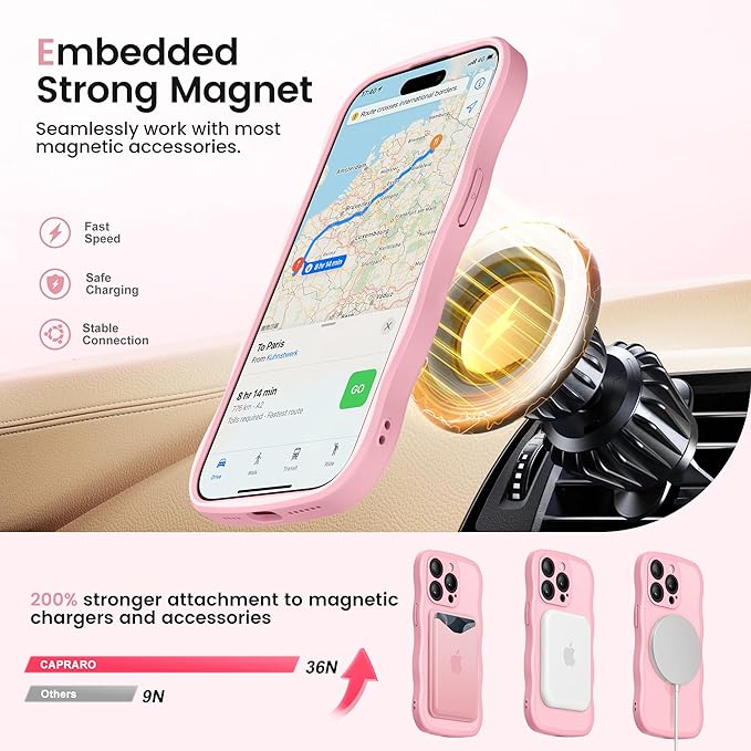 CAPRARO for iPhone 15 Pro Max Case with 360° Spin Magnetic Stand for Women, [Compatible with MagSafe] [Full Camera Protection] Cute Wave Translucent Matte Case for iPhone 15 Pro Max, Peach Pink