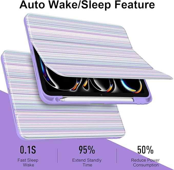 TWOLSKOO Case for iPad Pro 11-inch (M5 2025 / M4 2024), Clear Acrylic Back with TPU Bumper, Pencil Holder, Trifold Stand, Auto Sleep/Wake, Purple Stripes