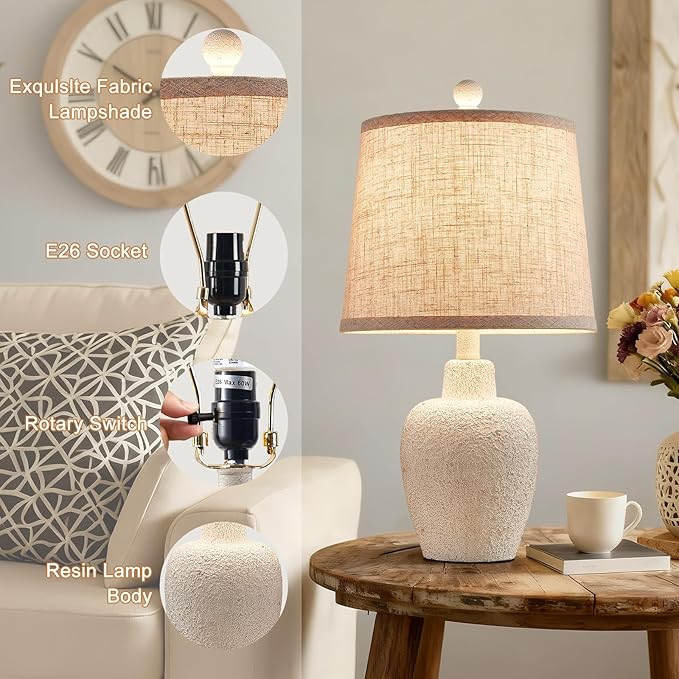 Table Lamps for Bedroom Set of 2 Farmhouse Table Lamps for Living Room 21" Rustic Cottage Jar-Shaped Bedside Lamp for Nightstand with Natural Beige Finish,Bulbs Not Included