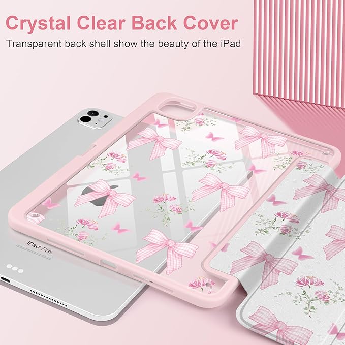 TWOLSKOO Case for iPad Pro 11-inch (M5 2025 / M4 2024), Clear Acrylic Back with TPU Bumper, Pencil Holder, Trifold Stand, Auto Sleep/Wake, Pink Gingham Bows