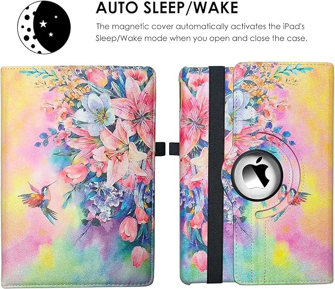 Case for iPad Air (3rd Gen) 10.5" 2019 / iPad Pro 10.5" 2017, 360 Degree Rotating Stand Smart Case with Auto Wake Up/Sleep Feature - Hummingbird Flower