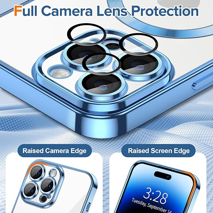 Hython Magnetic Clear for iPhone 14 Pro Case with Camera Lens Protector [Compatible with MagSafe] Luxury Plating Edge Slim Soft TPU Cover Protective Phone Case for iPhone 14 Pro 6.1", Light Blue