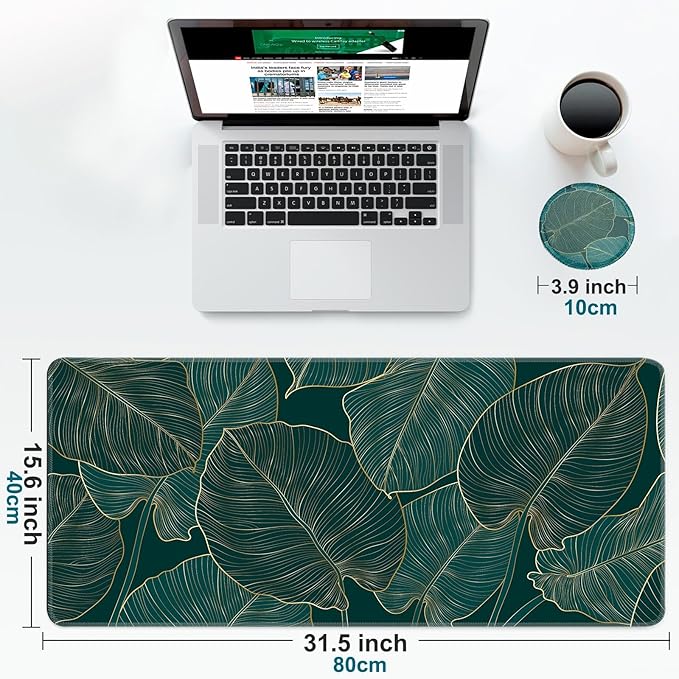 Large Gaming Mouse Pad with Coaster, Desk Matt for Desktop, Desk Pad, Mouse Pads Mat, Stitched Edges Big Extended Mousepad for Computer Keyboard Laptop Office Decor, 31.5'' x15.6''-Green Leaves2