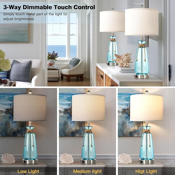 Rinweey 26" Coastal Lamps for Living Room Set of 2,3-Way Dimmable Bedside Lamps with USB Ports and AC Outlet, Nautical Lamps for Nightstand Bedroom Living Room,Teal