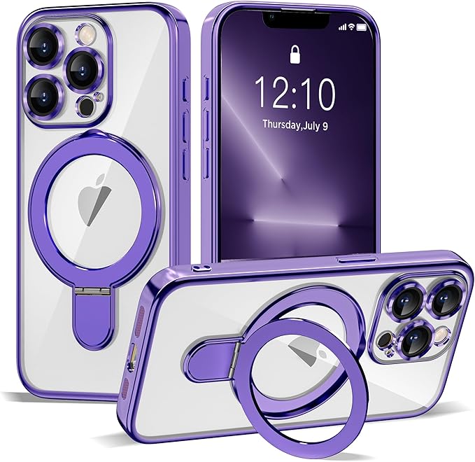 Compatible with iPhone 13 Pro Case with Invisible Magnetic Ring Stand [Compatible with Mag-Safe] [Full Camera Lens Protector] Plating Clear Phone Case for iPhone 13 Pro 6.1", Purple