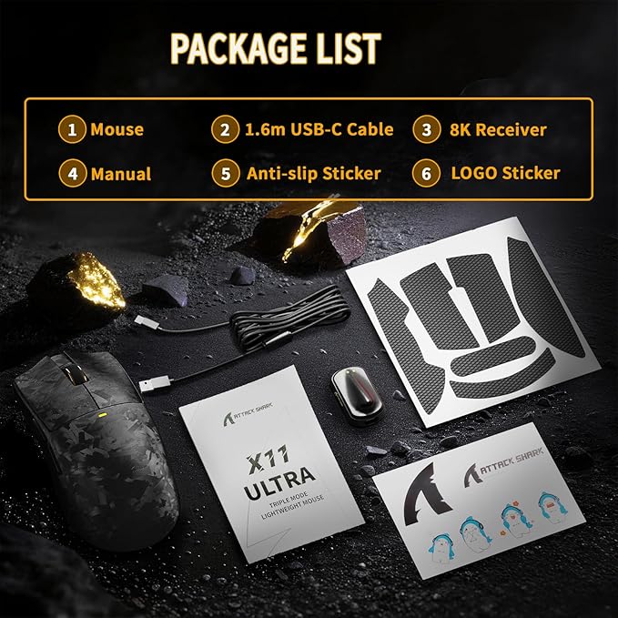 ATTACK SHARK X11Ultra 8K Carbon Fiber Wireless Gaming Mouse,Nordic 54L15 MCU,PAW3950MAX Sensor,59g Superlight,42000 DPI,BT/2.4Ghz/Wired Mouse with 100 Million Clicks,Programmable for Pc/Mac,Black pro