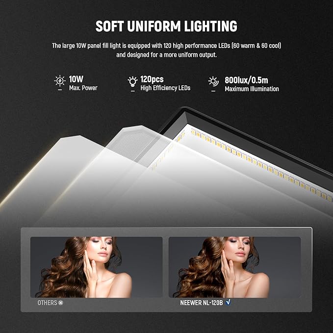 NEEWER Basics 9" LED Video Light Panel, 3200-5600K Edge Lit Dimmable Camera Soft Key Lighting, CRI95+ 800Lux 4000mAh Rechargeable for Video Recording Streaming Selfie Vlog Studio Photography, NL-120B