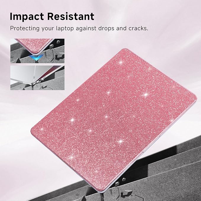 Funut Glitter Case for MacBook Air 13 Inch 2022 2021 2018 Release M1 A2337 A2179 A1932, MacBook Air 2020 Case, Women Girls Shiny Sparkle Bling PU Leather Hard Shell Cover & Keyboard Cover, Pink