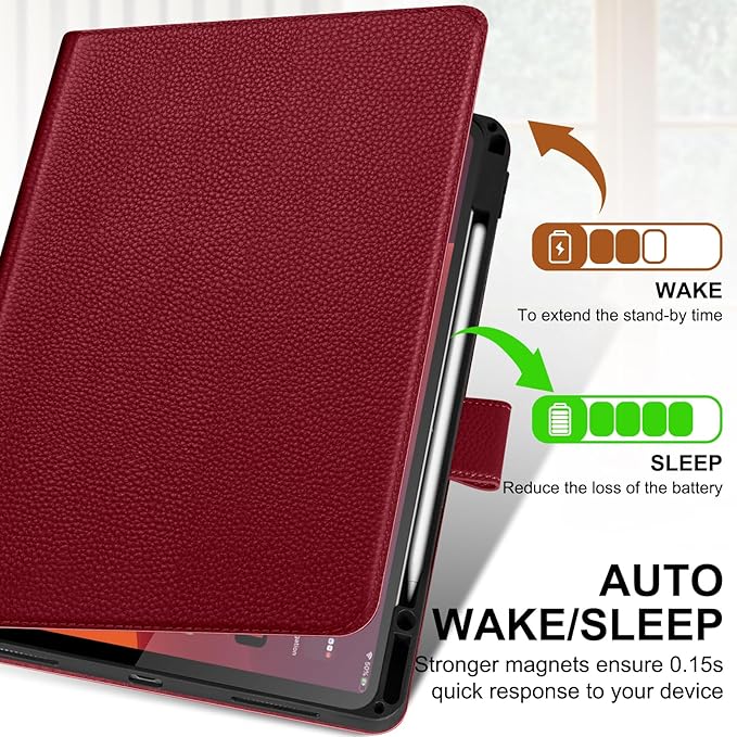 Genuine Leather Case for iPad Air 13 inch M4 2026/M3 2025/M2 2024, with Pencil Holder and Adjustable Stand, Magnetic Closure, Auto Wake/Sleep Cover | Wine Red