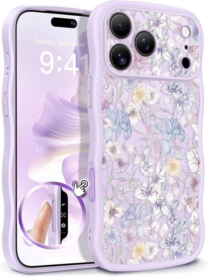 GVIEWIN for iPhone 17 Pro Max Case Compatible with MagSafe [Curly Wave Edge][Full Camera Protection] Floral Translucent Shockproof Magnetic Women Phone Case for 17 Pro Max, Apricot Blossom/Purple