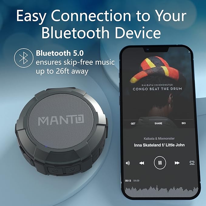 MANTO Bluetooth Speaker IPX5 Waterproof Portable Shower Speaker, 12H Battery, Bluetooth & Micro SD Playback (Up to 32GB, Card Not Included), Compact Design for Travel, Camping, Hiking, and Home