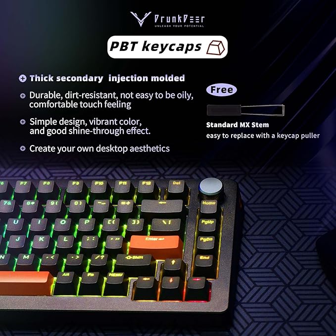 DrunkDeer A75 Pro Magnetic Switch Keyboard Rapid Trigger Mechanical Gaming Keyboard Adjustable Actuation Hall Switches PBT Keycap RGB Compact TKL 82Keys USB Wired with Knob