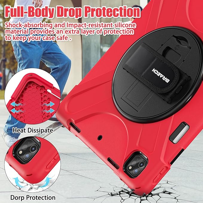BRAECNstock Case for Apple iPad Air 13 inch (M4/M3/M2)/ iPad Pro 12.9 inch 6th/5th/4th/3rd Gen, Shockproof Protective Case with Pencil Holder, 360° Rotating Stand & Hand Strap, Shoulder Strap, Red