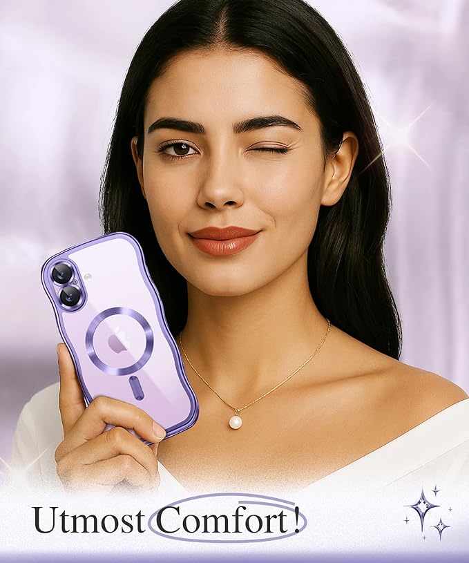 GVIEWIN for iPhone 17 Case Compatible with MagSafe, Upgraded [Full Camera Protection][Cute Wave Frame][Military Grade Protection] Electroplated Hard Phone Cover for Women Girl, Clear Purple