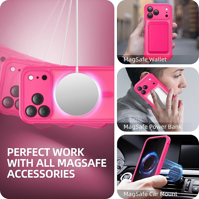BERFY for iPhone 17 Pro Case, Compatible with MagSafe, Built-in Privacy Screen Protector, Camera Protection, Shockproof Full Body Phone Case 6.3", Translucent Hot Pink