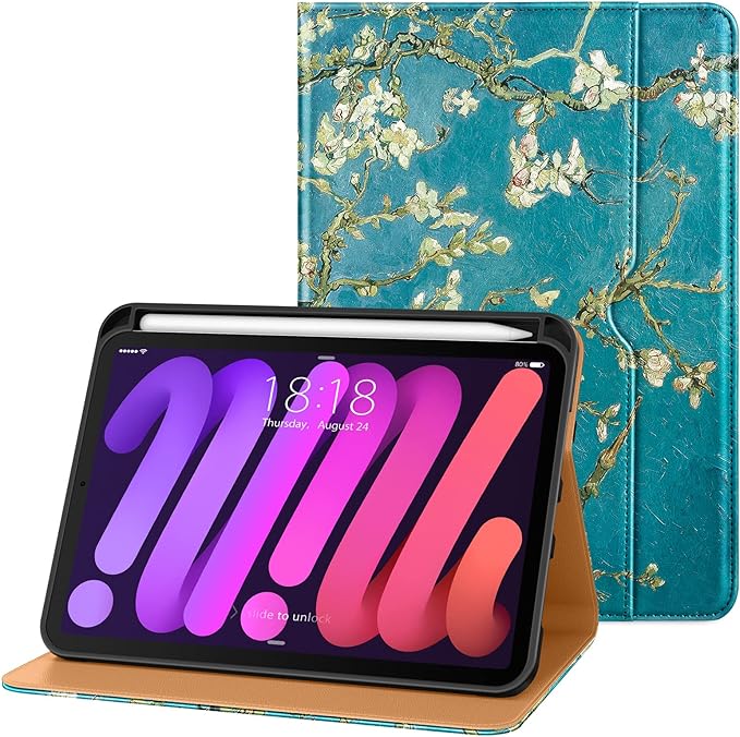 DTTO for iPad mini 7th (A17 Pro) 2024/iPad Mini 6th Generation Case 2021 8.3 Inch, Premium Leather Business Folio Stand Cover for Mini 7/6 with Pencil Holder-Multiple Viewing Angles, Blossom