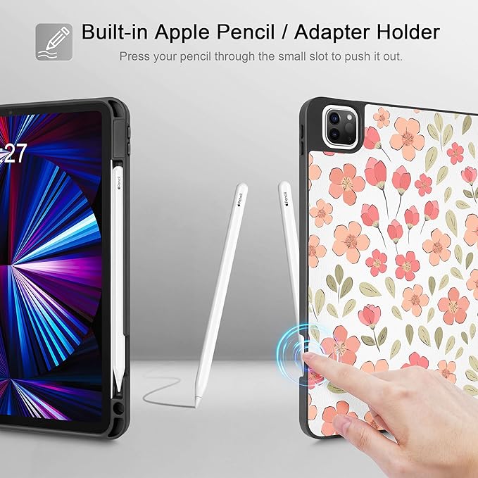 May Chen Case for iPad Pro 11 inch (4th, 3rd, 2nd & 1st Gen) 2022 2021 2020 2018,Trifold Stand with Auto Wake/Sleep Soft TPU Protective Stand Back Cover, Pink Small Flowers