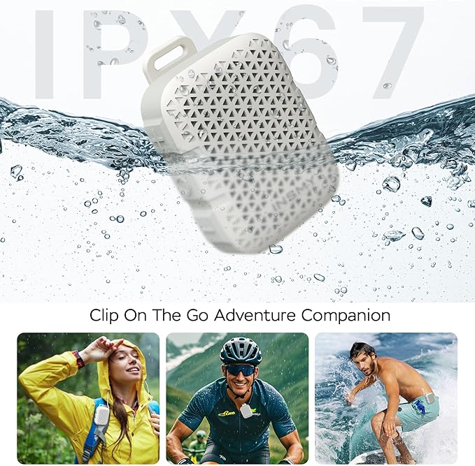 INSMY Wearable Bluetooth Speakers,IP67 Waterproof,Clip-On Portable Small Personal Speaker/Clean Sound/Stereo Pair/Wireless/ENC Built-in Mic/Lightweight for Golf Work Pool Gift(Non-Magnetic) (White)