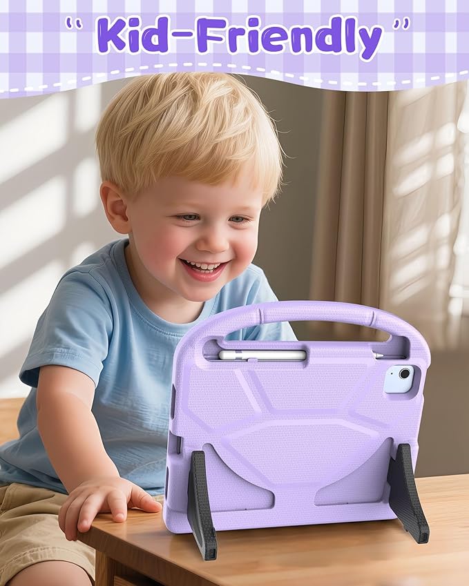 Kids Case for iPad A16 11th Gen 11-Inch 2025 & iPad 10th Generation (10.9" 2022), Durable Shockproof Fully-Body Cover with Screen Protector/Pencil Holder/Stand/Handle for Kids, Light Purple