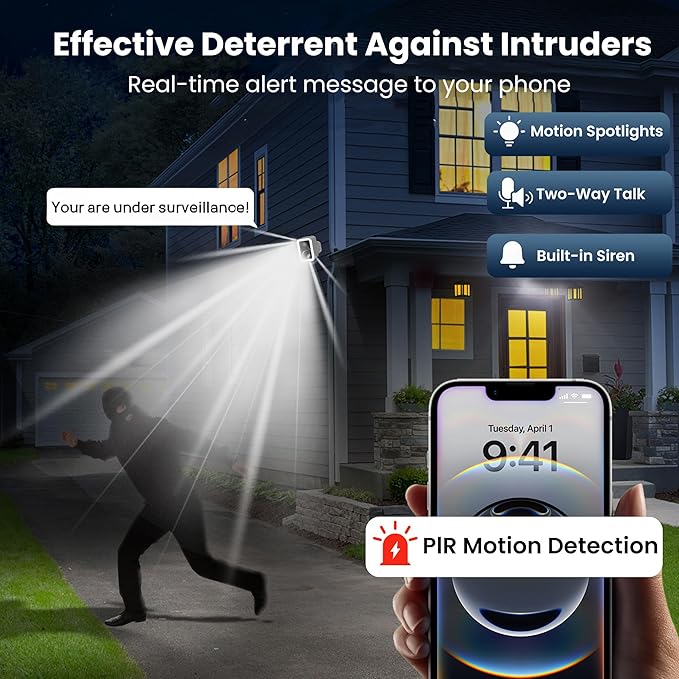 2K Security Cameras Wireless Outdoor, Free Cloud Storage, Integrated Spotlight & Siren, AI Motion Detection, 2-Way Audio, 1-6 Months Battery Life, Cameras for Home Security Support 5GHz WiFi, IP66