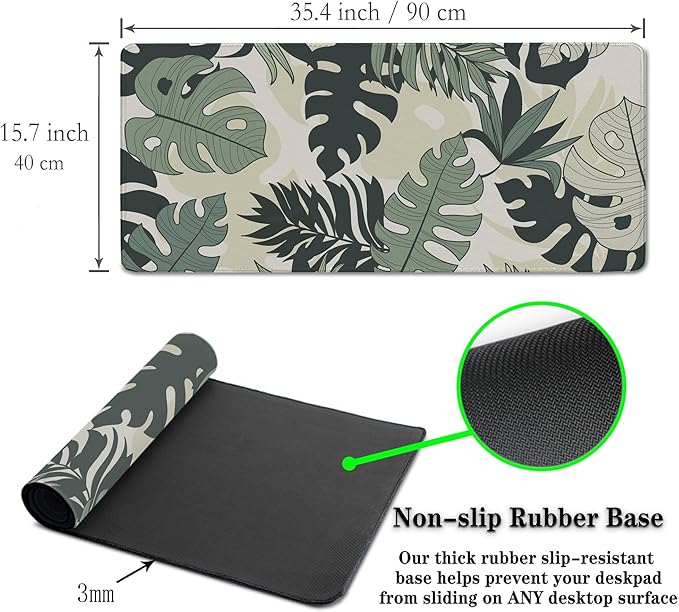 Large Mouse Pad Long Mousepad Desk Mouse Pads Keyboard Mats Gaming Mouse Mat Non-Slip Rubber Base Waterproof with Stitched Edges 35.4 X 15.7 for Game Office, Monstera Leaves