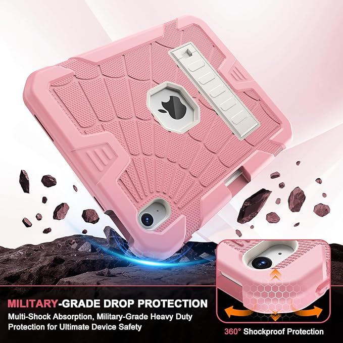 SIBEITU iPad 11th A16 2025/ 10th Generation Case for Kids Girls, Shockproof Rugged iPad 10th 10.9 Inch Case 2022 with Kickstand & Pencil Holder, 3-Layer Protective Cute 10 Gen Cover for Women, Pink