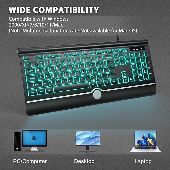 Backlit Computer Keyboards, Wired Light Up Keyboards with 7-Color Backlit, USB Lighted Keyboard Easy to See and Type, Corded Full-Size Keyboard for Windows Desktop, Laptop, PC