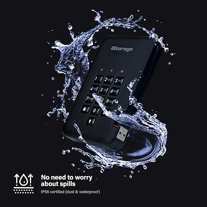 iStorage diskAshur2 HDD 3TB Black - Secure portable hard drive - Password protected - Dust & water resistant - Hardware Encryption