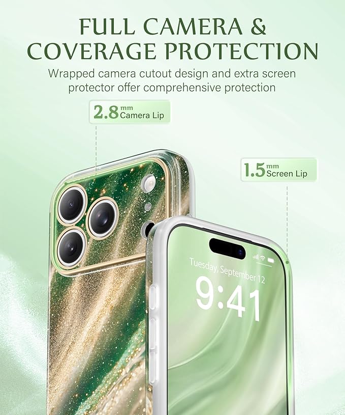 GVIEWIN for iPhone 17 Pro Case Compatible with MagSafe, [Full Camera Protection][Military-Grade Protection] Shockproof Protective Slim Magnetic Marble Phone Case for 17 Pro 6.3", Mesmerizing/Green