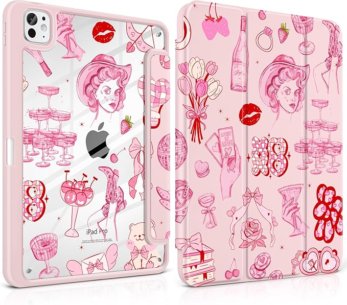 Case for iPad Pro 11 Inch (M5 2025 M4 2024) – [Built-in Pencil Holder], Shockproof & Stylish, Clear Hard Back + Soft TPU Edge, Magnetic Trifold Stand, Auto Wake/Sleep, Cowgirl Pink