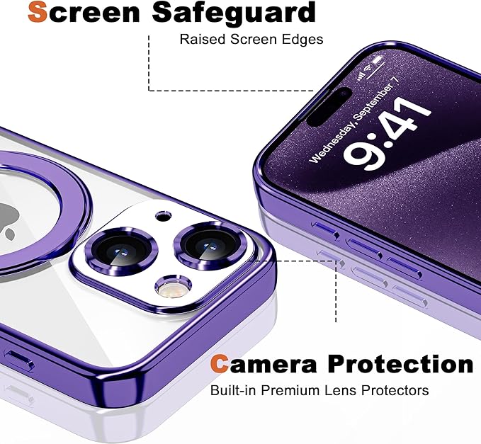 Compatible with iPhone 13 Case with Invisible Magnetic Ring Stand [Compatible with Mag-Safe] [Full Camera Lens Protector] Plating Clear Phone Case for iPhone 13 6.1", Purple