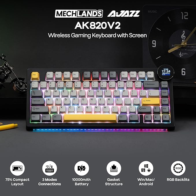 MechLands AJAZZ AK820V2 75% Wireless Gaming Keyboard with 0.9” TFT Display Screen & Knob, Gasket Mechanical Creamy Keyboard with 10000mAh Battery, Hot Swappable, RGB for Win/Mac (Black Grey)